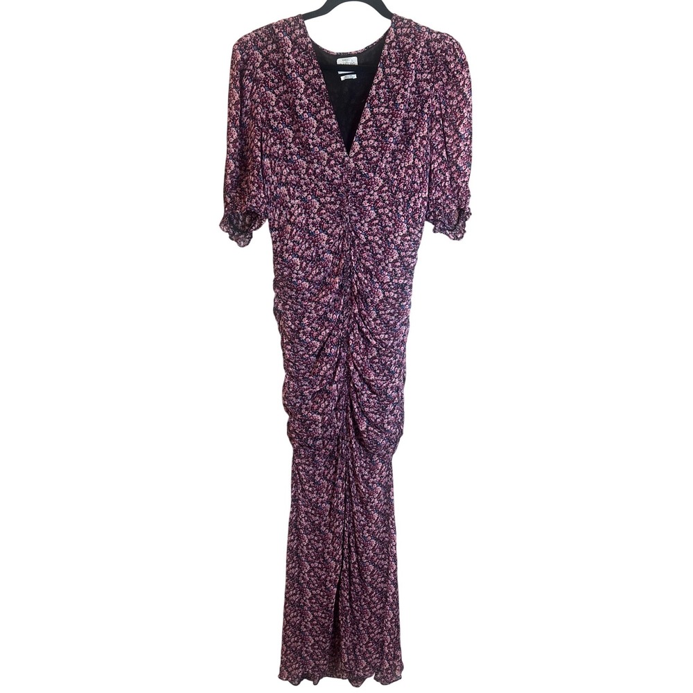 Saylor Women Pink Purple Floral Ruched V-Neck Maxi Dress Size‎ L Short Sleeve